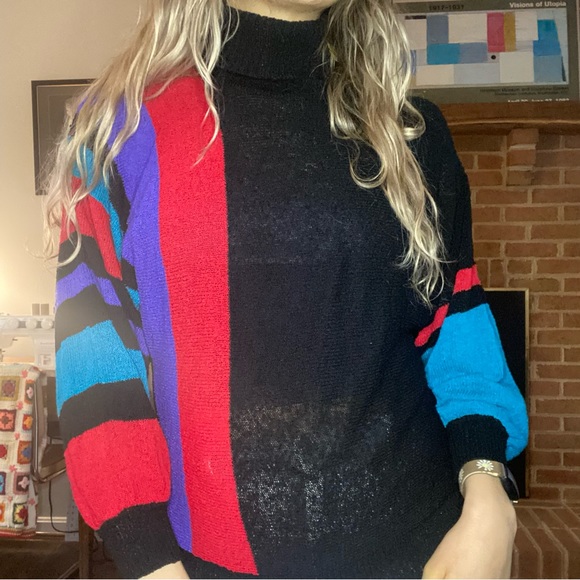 Vintage 90s West Coast Connection Lightweight Colorblock Art Turtleneck … - Picture 3 of 16